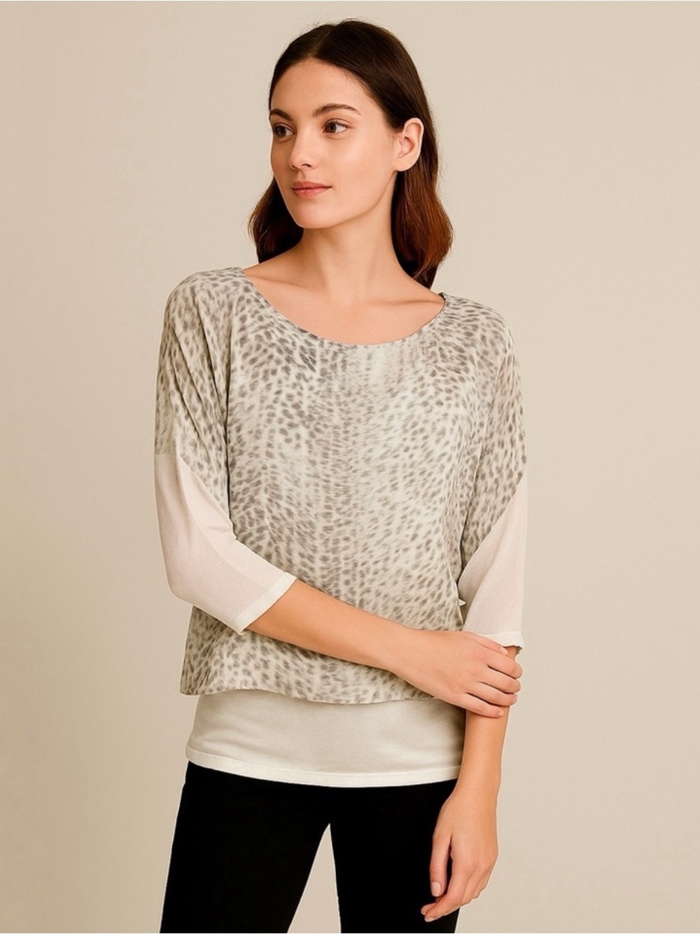 Giusy Silk Made in Italy Silk Cream Gray Leopard Print Blouse Size Small